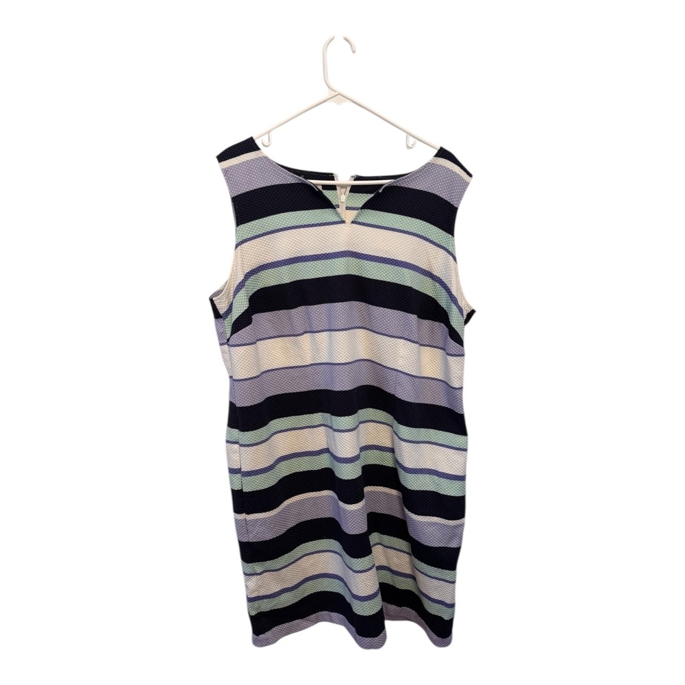 Talbots‎ Womens Blue Green Striped Midi Sleeveless Shift Dress Size 12 pockets